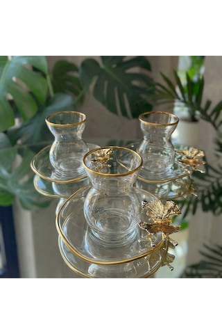 Alfafe Home Lüx 6 Kişilik 12 Parça Kelebekli Gold Yaldızlı Çay Seti Altın