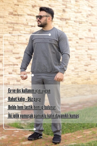 Azıcık Akıllı Koyu Gri Normal - Battal Büyük Beden Kalın Sweat Erkek Eşofman Takımı 21eestbakt Gri