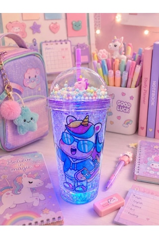 450 Ml Led Işıklı Pipetli İçecek Bardağı Boncuklu Sevimli Unicorn Tasarımlı Suluk Mavi 2646