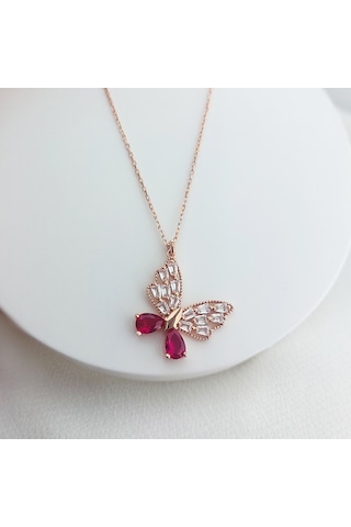 925 Ayar Gümüş Fuşya Damla Ve Baget Taşlı Kelebek Kolye Rose Gold