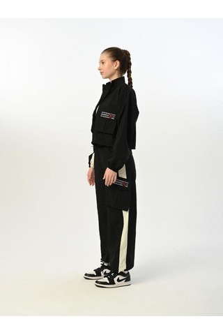 Kız Çocuk Paraşüt Kumaş Cepli Crop Ceket Pantolon Takım-15517 Siyah