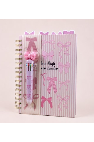 Pembe Fiyonk Temalı 4 Bölmeli Çizgili Defter & 10 Renkli Tükenmez Kalem Kırtasiye Seti