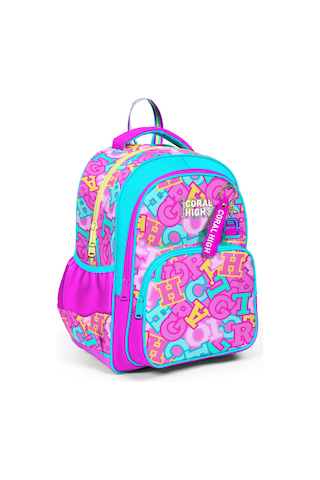 Coral High Üç Bölmeli İlkokul Okul Çantası - Kız Çocuk - Pembe Su Yeşili Harf Baskılı - 33241