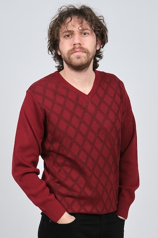 Pave Erkek V Yaka Desenli Yün Kazak 4539072 Bordo Bordo