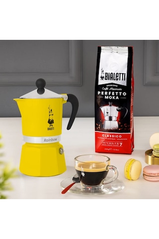 Bialetti - Rainbow: 3 Cups Ocak Üstü Espresso Pişirici - 130ml - Sarı Renk - Alüminyum Gövde - Patentli Güvenlik Valfi - Tüm Ocak Türleri İçin Uygundur İndüksiyon Hariç Sku: Smg8690010169303