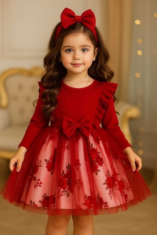 Kız Çocuk Çiçekli Toz Pembe -kırmızı Tütü Doğum Günü Abiye Prenses Şık Elbise Kırmızı