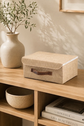 Kapaklı Jüt Düzenleyici Sepet L Boy 35x26x15 Cm Dolap İçi Raf Banyo Ve Aksesuar Saklama Kutusu Bej