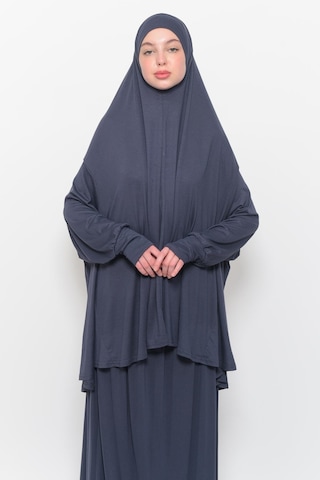 Pratik 2 Parça Pamuklu Yarasa Kollu Başörtülü Tesettür Namaz Elbisesi Füme Antrasit