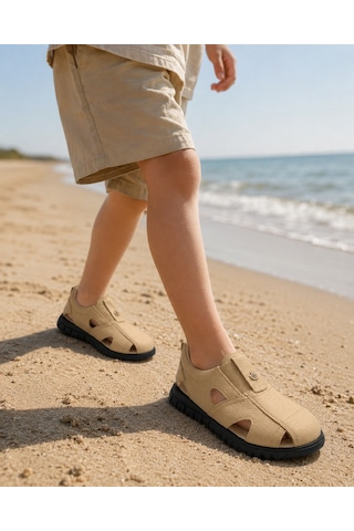 Rks Shoes Çocuk Sandalet Lastikli Rahat Kullanım Deri Bej