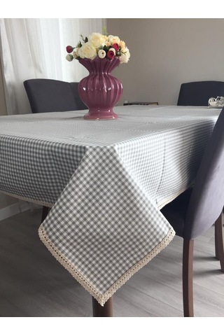 Gri Pötikareli Sıvı Ve Leke İtici Pamuk Dantelli Masa Örtüsü