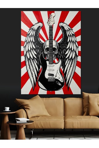 Kanatlı Kurukafa Ve Gitar Rock Konser Posteri Dekoratif Kanvas - Mdf Ahşap Tablo