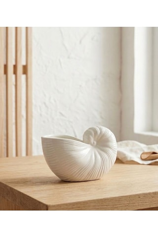 Dekoratif Beyaz Taş Tozu Deniz Kabuğu Vazo - Minimalist Bohem Nautilus Saksı & Obje Beyaz