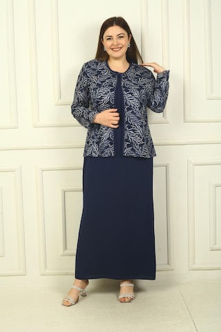 Yakası Boncuk Nakışlı Uzun Elbise Boncuk Pul Nakışlı Ceket Astarlı Büyük Beden 2'li Takım-38926 Lacivert