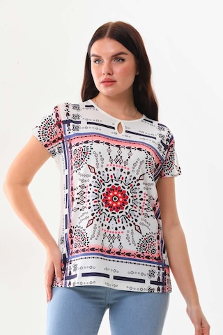 Sistas Kadın Desenli Pencere Detaylı Kısa Kol Bluz 23145 Ekru