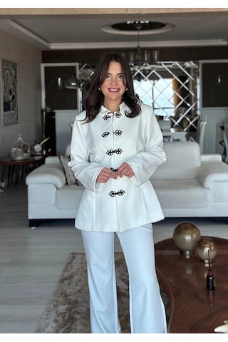 Flora Düğme Detaylı Napolyon Ceket Pantolon Takım - Beyaz Beyaz