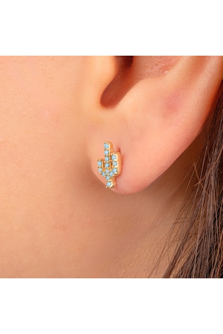 Altın Küpe - 14 Ayar Altın Minimal Kaktüs Modelli Firuze Turkuaz Taşlı Küpe Sarı