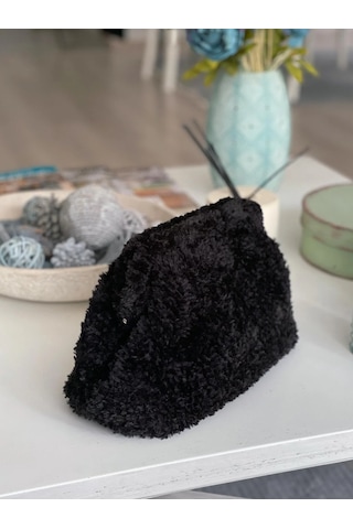 Black İce Ateiler El Yapımı Siyah Renk Kahverengi Leopar Astarlı Teddy Yün Örgü El Çantası Siyah