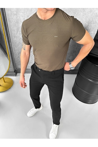 Modefendi Yüksek Kalite Slimfit Merserize Kumaş Bisiklet Yaka Tshirt Haki