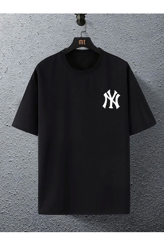 Adrift Unisex Yankees Özel Baskılı Oversize Penye Bisiklet Yaka T-shirt Siyah
