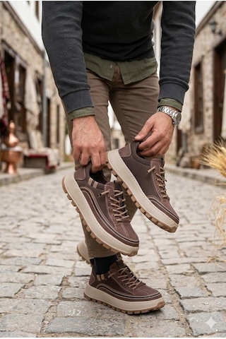 Guja 26y514 Rahat Hafif Taban Tekstil Lastik Bağcıklı Sneaker Erkek Ayakkabı Kahve