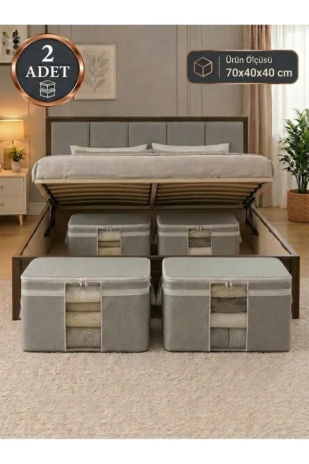 Lüks 2 Adet Büyük Boy Hurç 70x40x40 Cm Yatak Altı Ve Dolap İçi Çok Amaçlı Saklama Organizeri Açık Gri