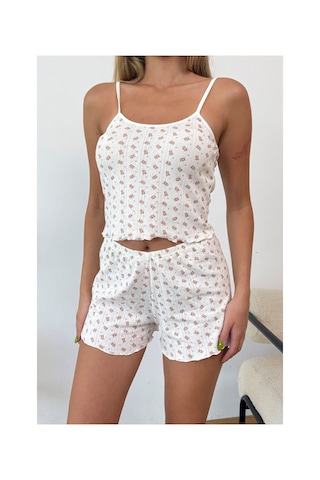 Giysa Kadın Askılı Desenli Şortlu Pijama Takımı Beyaz Ayıcık - 3300