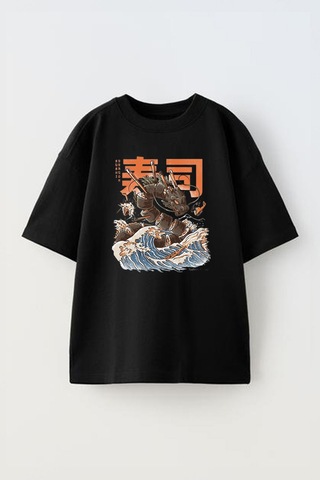 Thewert Unisex Sushi Dragon Tasarım Baskılı Pamuk Sıyah Oversize T-shirt Siyah