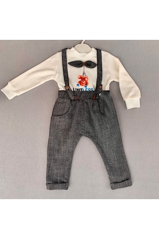 9-12-18 Ay Papyonlu Sweat Kot Pantolon 2li Erkek Bebek Salopet Takımı Çok Renkli