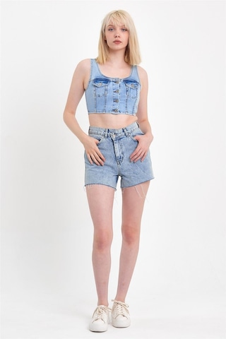 Kadın Önü Düğmeli Cep Detaylı Askılı Denim Crop Açık Mavi