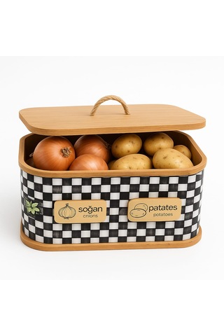 Dekorasyaa 2 Bölmeli Patates Soğanlık - Bambu - Dikdörtgen Dama Desen Beyaz - Siyah