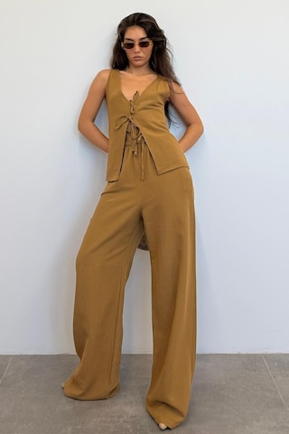 Madmext Camel Önü Bağlamalı Yelek Pantolon Kadın Takım Mg2403