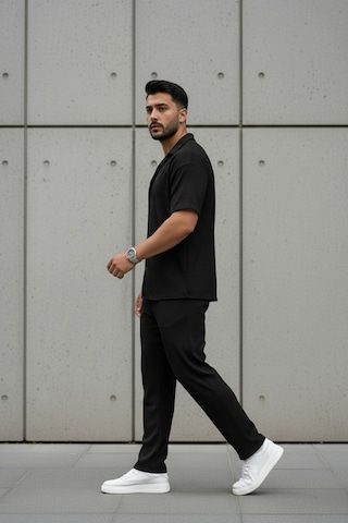 Fifty Color Unisex Trend Bürümcük Krinkıl Kumaş Yazlık Likralı Kısa Kol Gömlek Ve Eşofman Takım Siyah