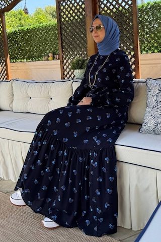 Rabia Şamlı Gül Mavi Çiçekli Elbise Normal