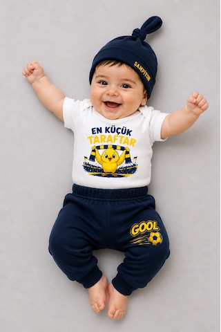 Babyden's %100 Pamuk Sarı Lacivert En Küçük Taraftar Bebek Takımı 3'lü Kısa Kol Body,pantolon Ve Şapkalı Yenidoğan Seti 0-9 Ay Beyaz - Lacivert