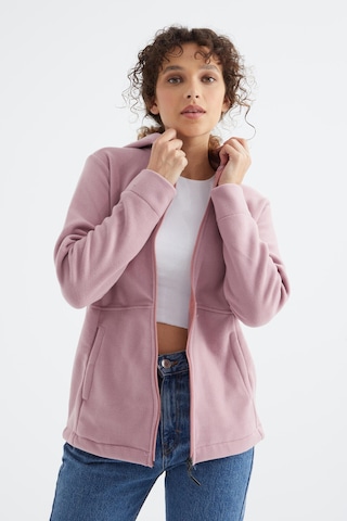 Tommy Life Gül Kurusu Kapüşonlu Fermuarlı Rahat Form Kadın Polar Sweatshirt - 97233 Gülkurusu