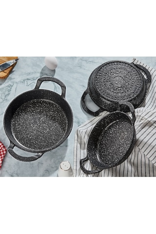 3'lü Döküm Granit Sahan Seti, Tava Seti-18cm-20cm-22 Cm İç Caplar Siyah