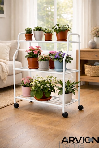 Modern Beyaz 3 Katlı Metal Tekerlekli Mutfak Ve Dekoratif Saksılık Çiçeklik Dayanıklı Raflı Stand-organizer Beyaz