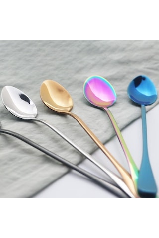 6 Adet Altın Çatal Bıçak Kaşık Seti Paslanmaz Çelik Uzun Saplı Kaşık Gümüş Tatlı Dondurma Kahve Kaşığı Karıştırma Çay Kaşığı Yemek Takımı Altın