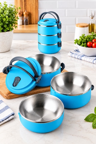 3 Katlı Yeni Nesil Sefer Tası Lunch Box Beslenme Kabı Paslanmaz Çelik 1800 Ml Mavi