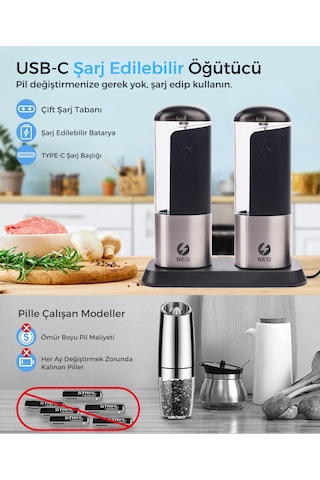 Neo Elektrikli Otomatik Tuz Ve Baharat Öğütücü Şarjlı Değirmen