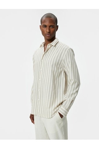 Koton Slim Fit Gömlek Uzun Kollu Klasik Yaka Düğmeli Bej Çizgili 4sam60155hw Ekru