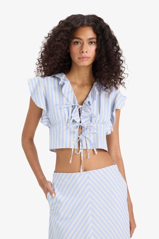 Defacto Slim Fit Dar Kesim V Yaka Çizgili Önden Bağlamalı Poplin Kolsuz Bluz F6058ax25smbe40 Mavi