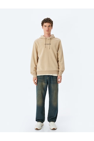 Koton Slogan Baskılı Pamuk Karışımlı Şardonlu Kapşonlu Sweatshirt Bej 5wam70242mk Ekru