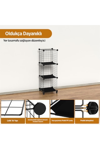 Dekoratif Tel Kafes Tasarımlı 3 Bölmeli Raf - Çok Amaçlı Tel Dolap Siyah