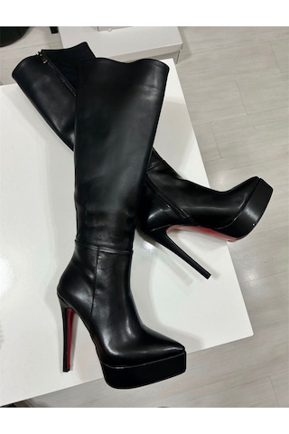 Hoxie Kadın Topuk Uzun Çizme Fermuarlı Diz Altı Boy Topuk 12cm Ön Platform 4cm Siyah