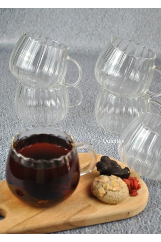 Kulplu Çizgili Tombul Modern Cam Bardak Çay Bardağı-6 Adet Şeffaf