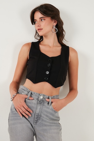 Lela Slim Fit Kalp Yaka Düğmeli Kalın Askılı Crop Bayan Yelek 5865497 Siyah