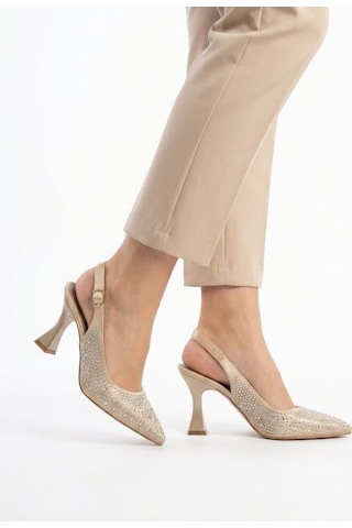 Asmi Shoes Kadın Monica Taşlı Bej Saten 7 Cm İnce Topuklu Ayakkabı & Stiletto