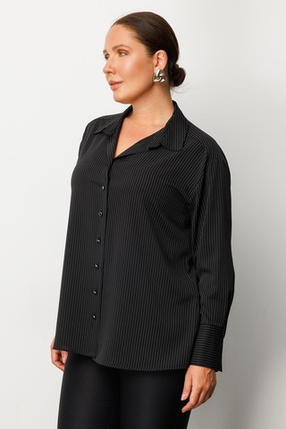 Moda İlgi Kadın Büyük Beden Simli Çizgili Gömlek 0034 Siyah Siyah