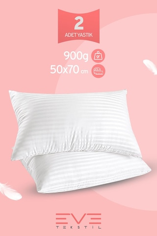 Eve Tekstil 2 Adet Çizgili Saten Fermuarlı Antialerjik Yıkanabilir Silikon Elyaf Yüksek Dolgulu Yastık 900 Gr Beyaz